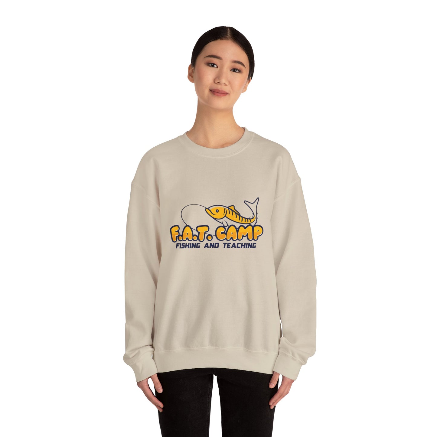 Fishing Camp Crewneck Sweatshirt — “F.A.T. CAMP” Graphic (Nesha, Louisiana 318)