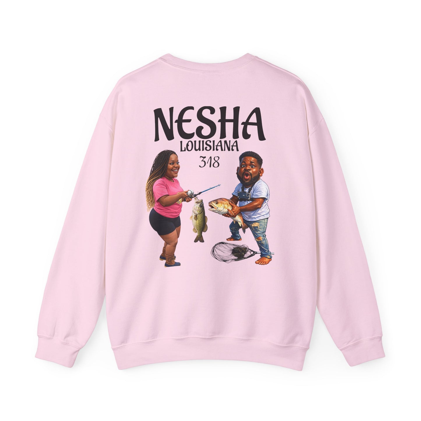 Fishing Camp Crewneck Sweatshirt — “F.A.T. CAMP” Graphic (Nesha, Louisiana 318)