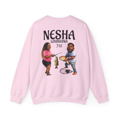 Fishing Camp Crewneck Sweatshirt — “F.A.T. CAMP” Graphic (Nesha, Louisiana 318)