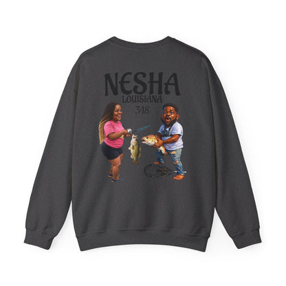Fishing Camp Crewneck Sweatshirt — “F.A.T. CAMP” Graphic (Nesha, Louisiana 318)