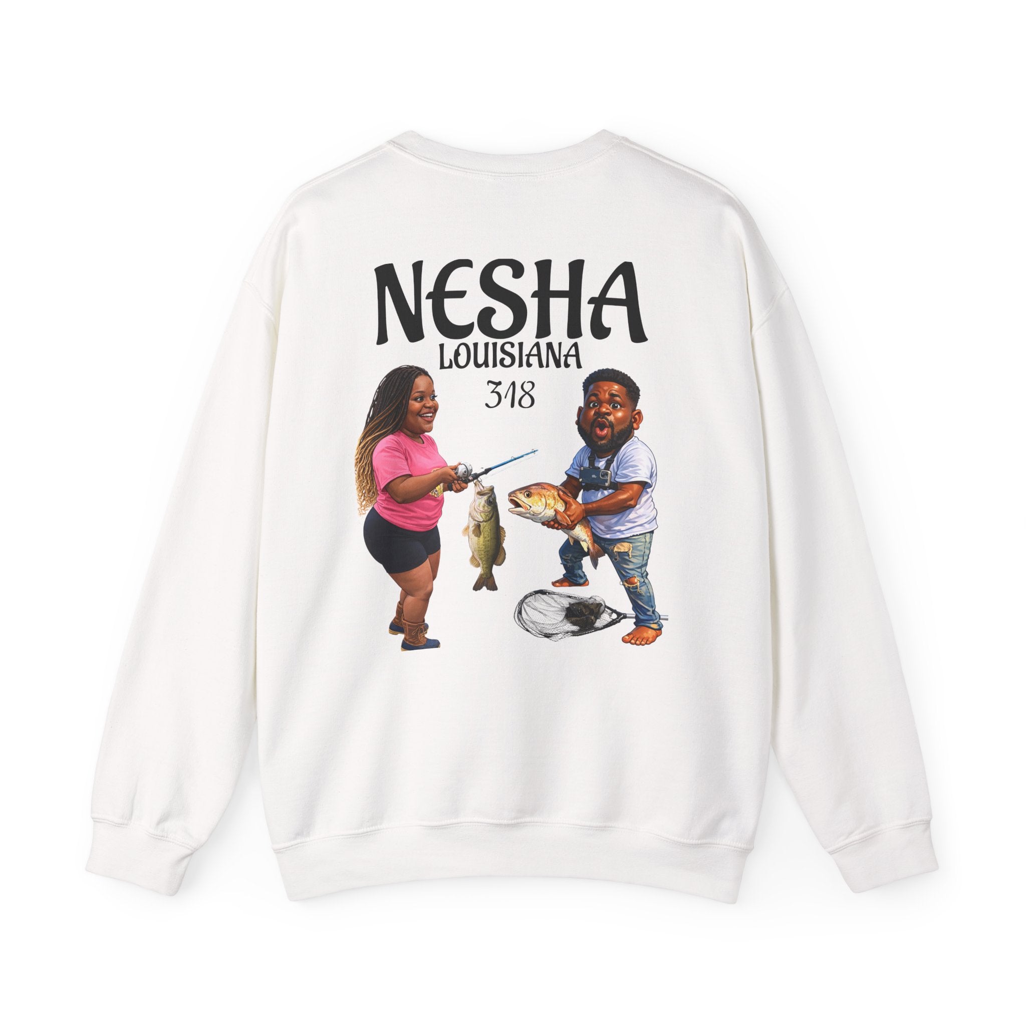 Fishing Camp Crewneck Sweatshirt — “F.A.T. CAMP” Graphic (Nesha, Louisiana 318)