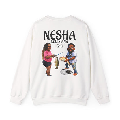 Fishing Camp Crewneck Sweatshirt — “F.A.T. CAMP” Graphic (Nesha, Louisiana 318)