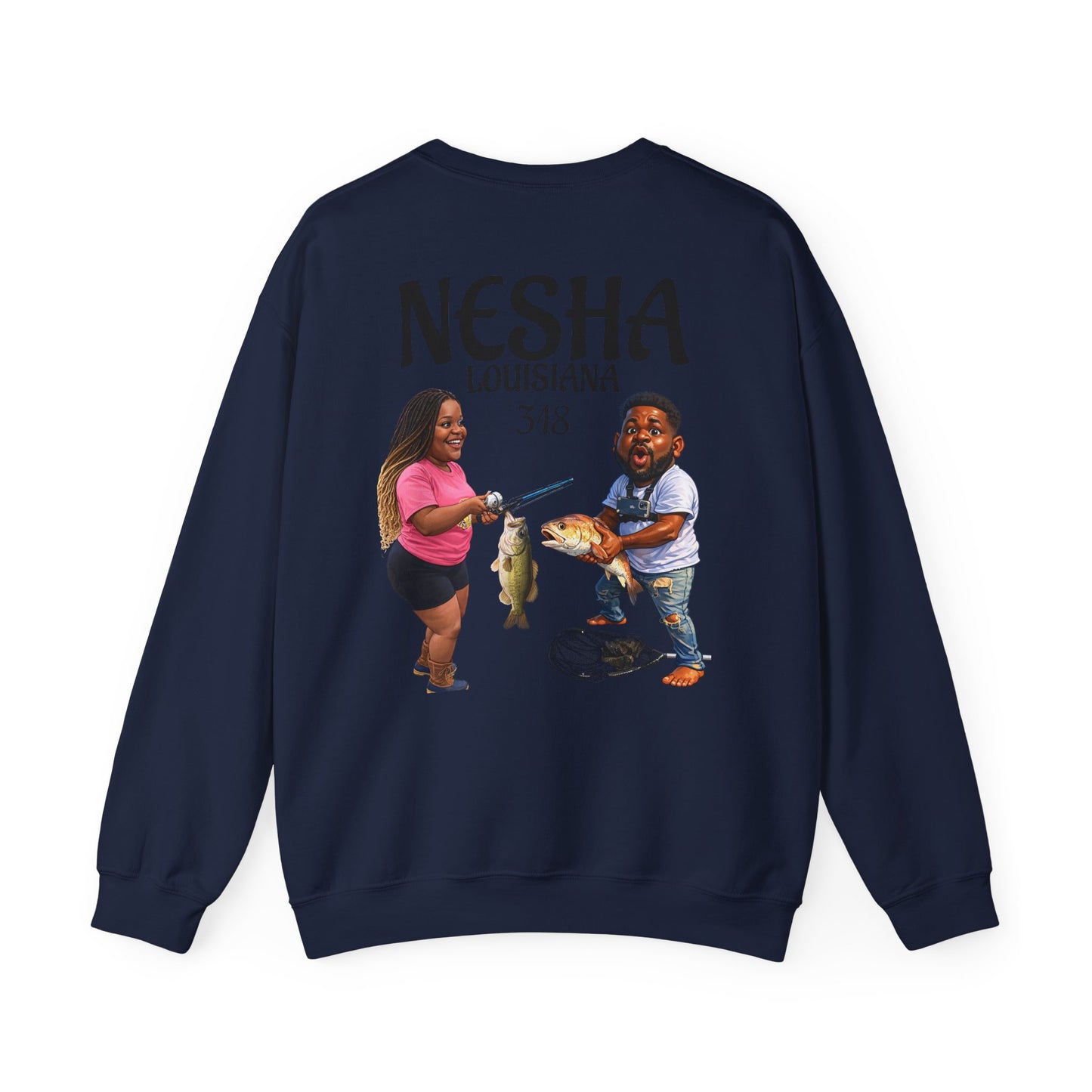Fishing Camp Crewneck Sweatshirt — “F.A.T. CAMP” Graphic (Nesha, Louisiana 318)