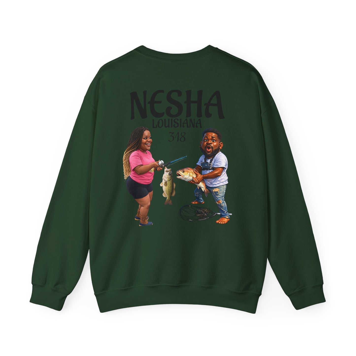 Fishing Camp Crewneck Sweatshirt — “F.A.T. CAMP” Graphic (Nesha, Louisiana 318)