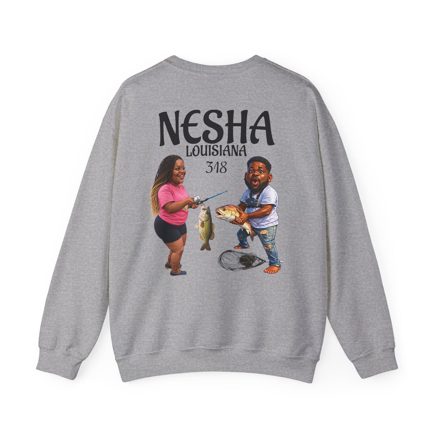Fishing Camp Crewneck Sweatshirt — “F.A.T. CAMP” Graphic (Nesha, Louisiana 318)