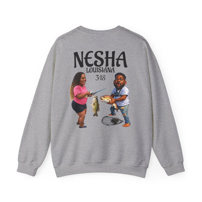 Fishing Camp Crewneck Sweatshirt — “F.A.T. CAMP” Graphic (Nesha, Louisiana 318)