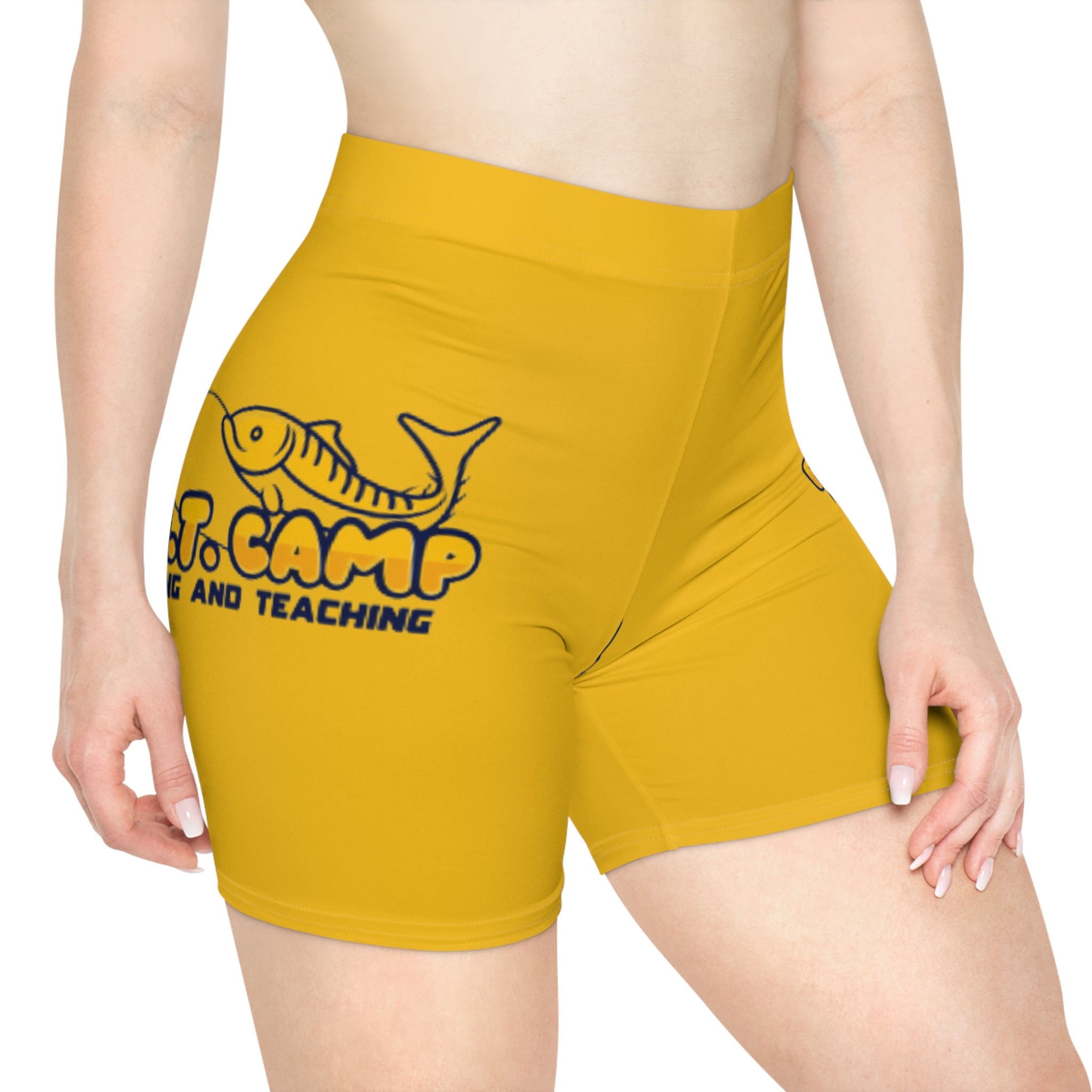 F.A.T. Camp fishing logo Biker Shorts | Yellow fish design