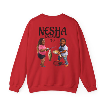 Fishing Camp Crewneck Sweatshirt — “F.A.T. CAMP” Graphic (Nesha, Louisiana 318)