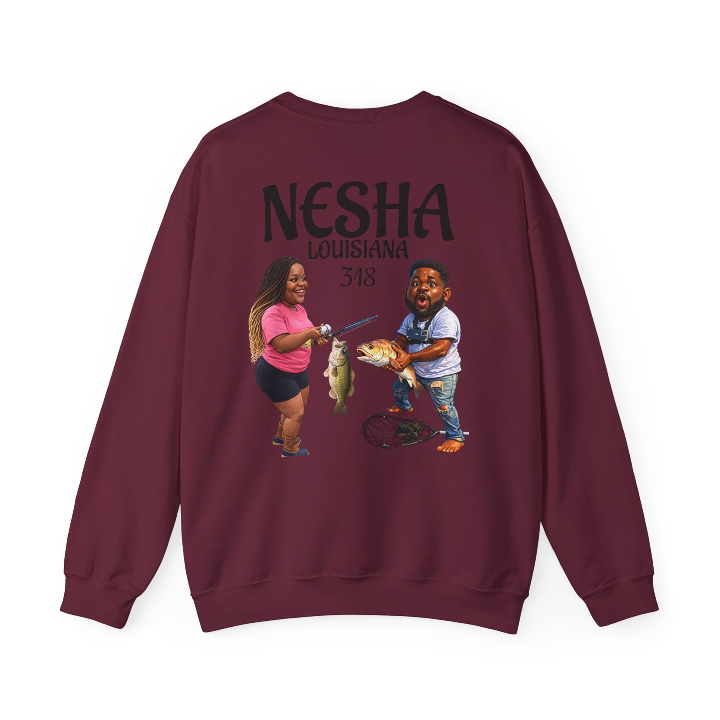 Fishing Camp Crewneck Sweatshirt — “F.A.T. CAMP” Graphic (Nesha, Louisiana 318)