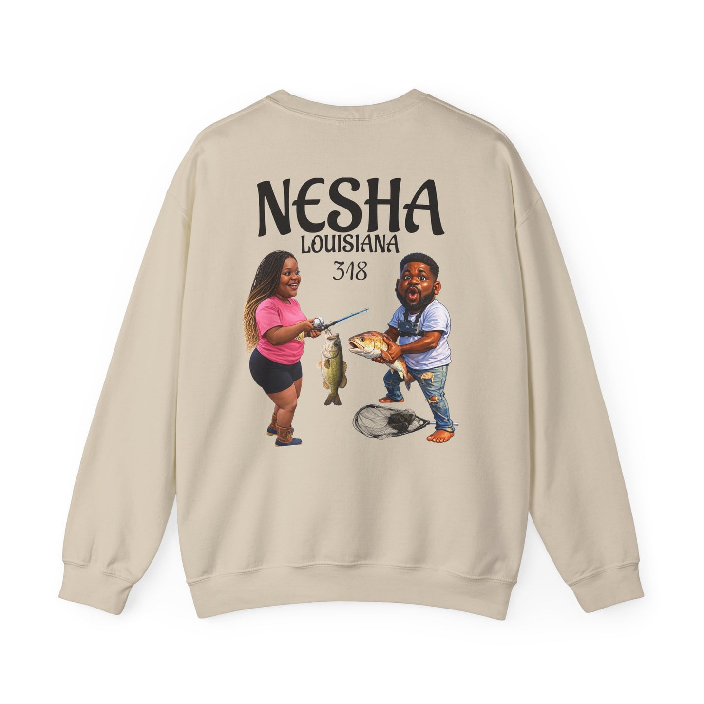 Fishing Camp Crewneck Sweatshirt — “F.A.T. CAMP” Graphic (Nesha, Louisiana 318)