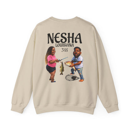 Fishing Camp Crewneck Sweatshirt — “F.A.T. CAMP” Graphic (Nesha, Louisiana 318)
