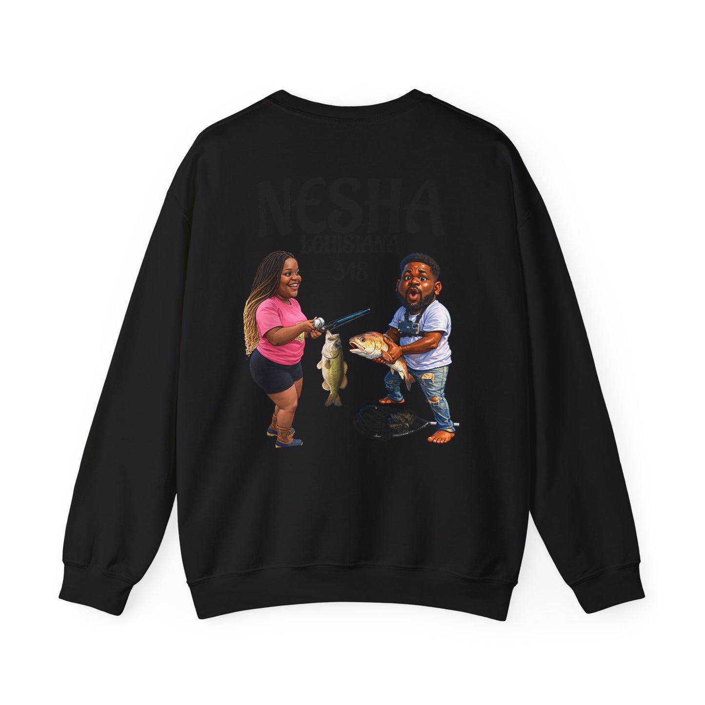 Fishing Camp Crewneck Sweatshirt — “F.A.T. CAMP” Graphic (Nesha, Louisiana 318)