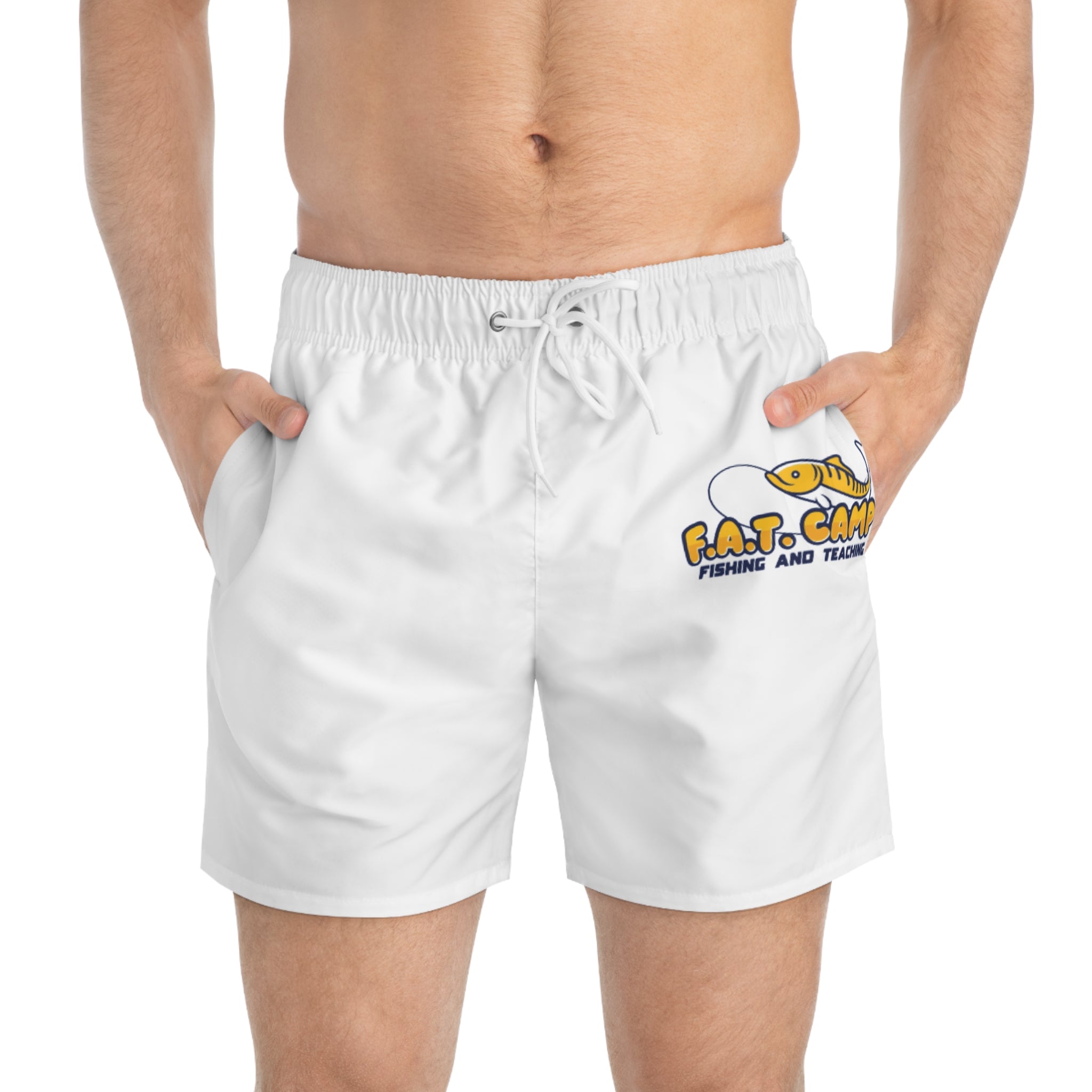 F.A.T. Camp Fishing Logo Swim Trunks | AOP Beach Shorts